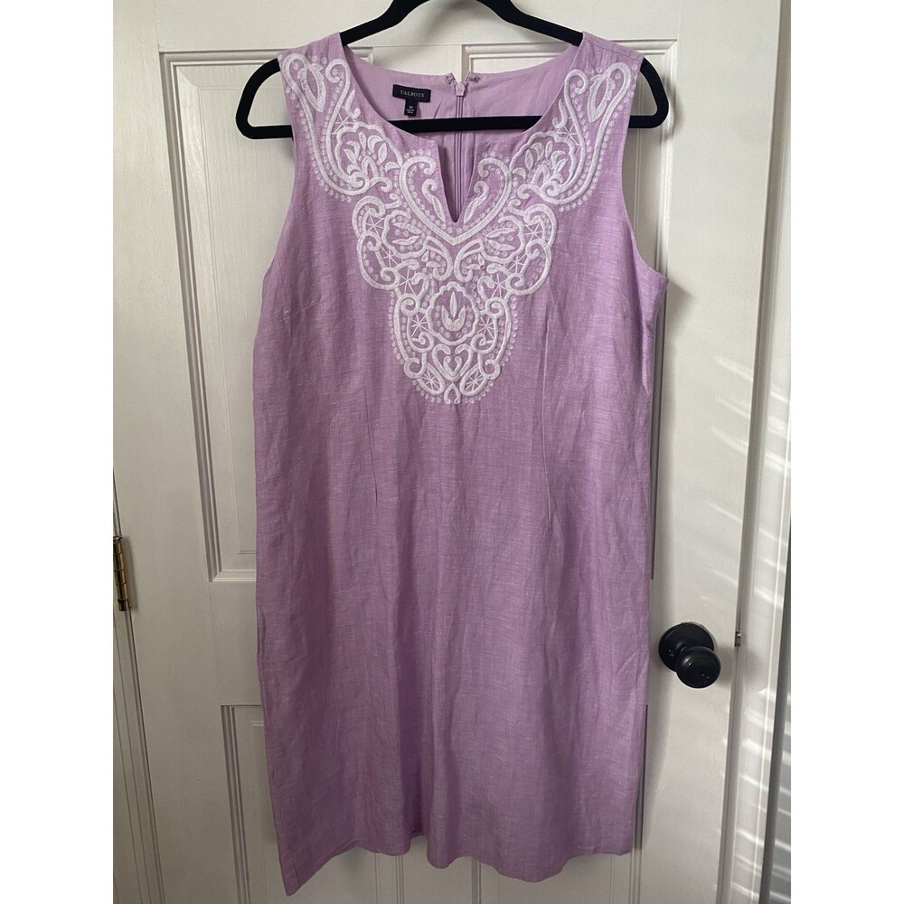Talbots Women's Sleeveless Linen Blend Shift Dress Size 12 Purple Embroidered